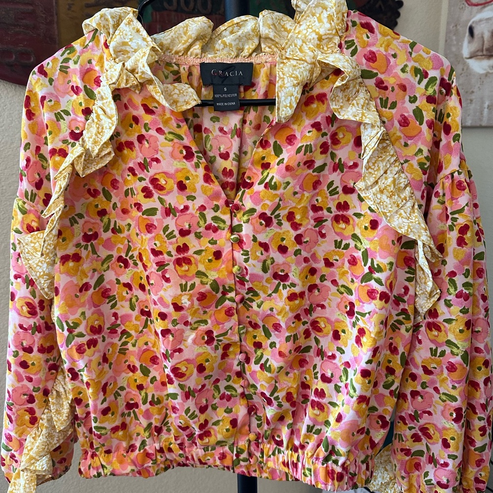 Gracia Pink Yellow Floral Ruffle Blouse - Picture 2 of 4